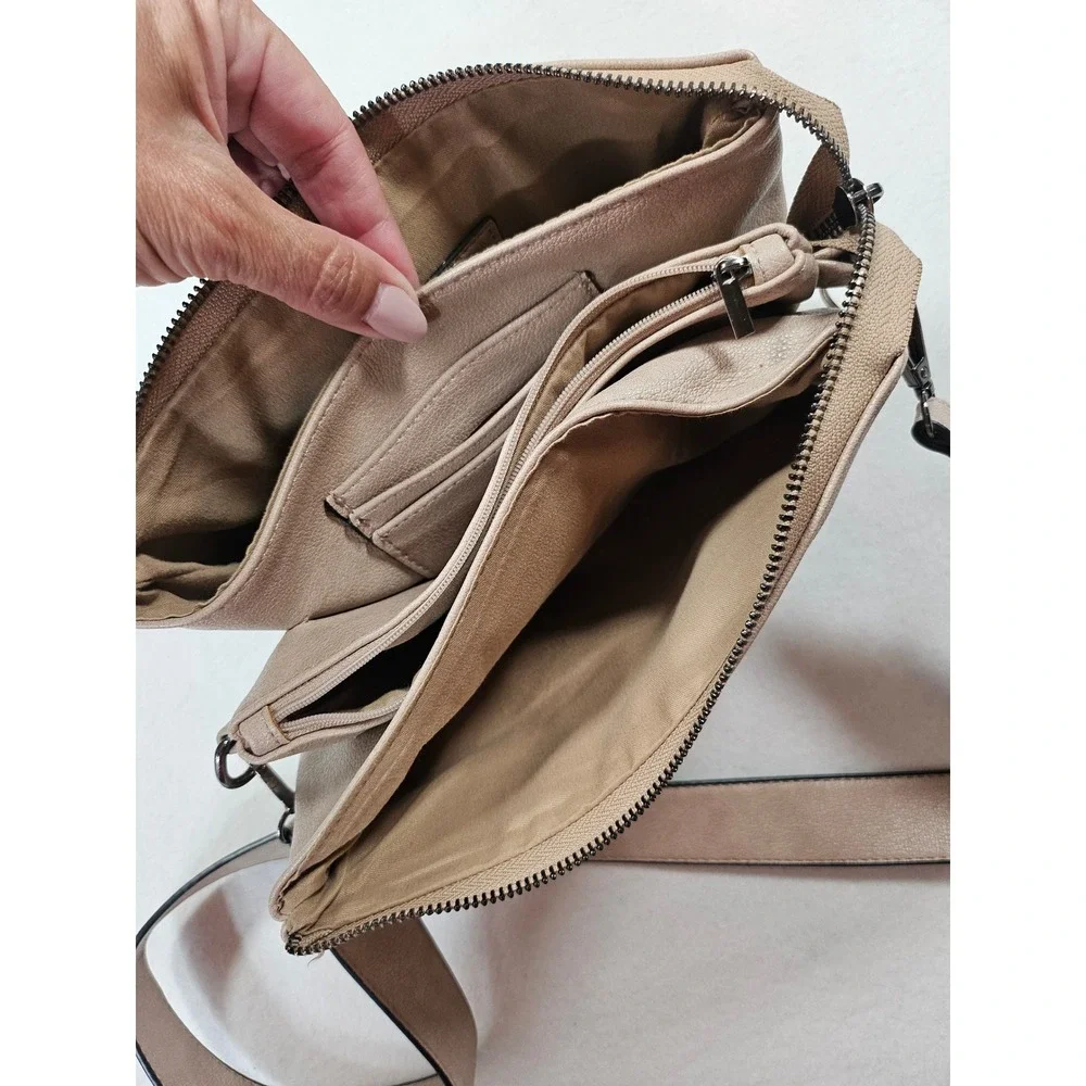 Jen & Co. Taupe Vegan Leather Triple Compartment‎ Crossbody Bag Minimalist Purse